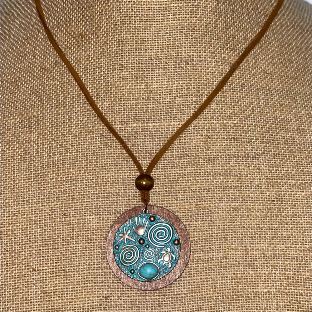 NEW Turquoise Bronzed Spiral Pendant Suede Necklace Life Circle Turtle WIsdom - Picture 2 of 13